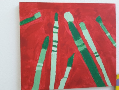 Artist Ruth Newell, Brushes 9, October 2019, 20 x 22.5 cm, acrylics on board (Complimentary colours : greens on red background )